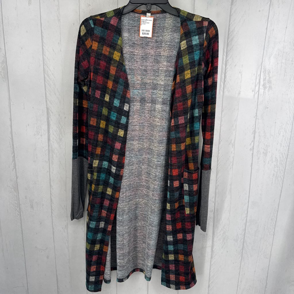 M colorful plaid open front cardi