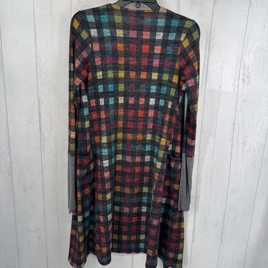 M colorful plaid open front cardi