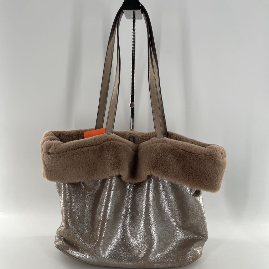 faux fur trim metallic tote bag