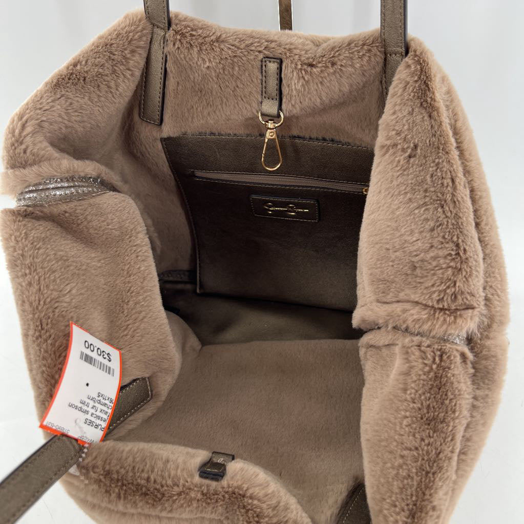 faux fur trim metallic tote bag
