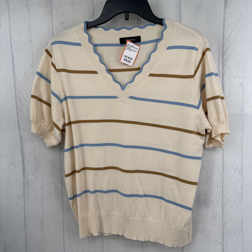 M striped scalloped v-neck s/s sweater