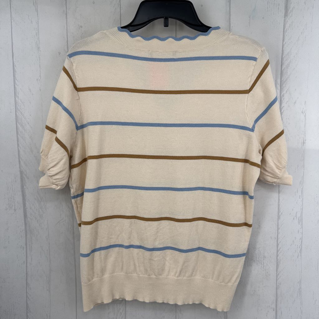 M striped scalloped v-neck s/s sweater
