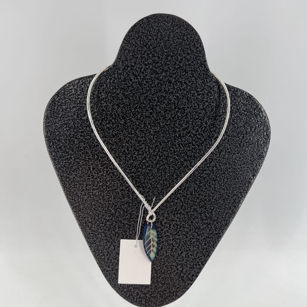 silver open necklace w/ blue leaf pendant