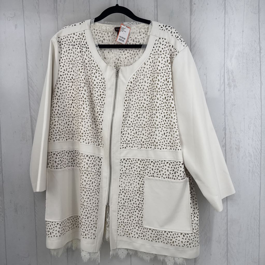 3X perforated vegan leather zip-up jacket