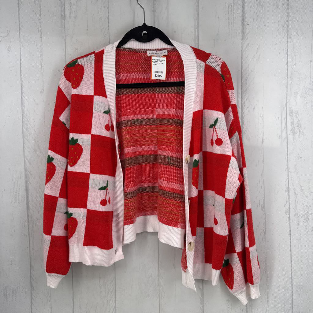 L checkered fruit pattern button down cardi