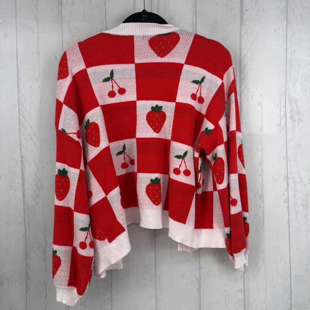 L checkered fruit pattern button down cardi
