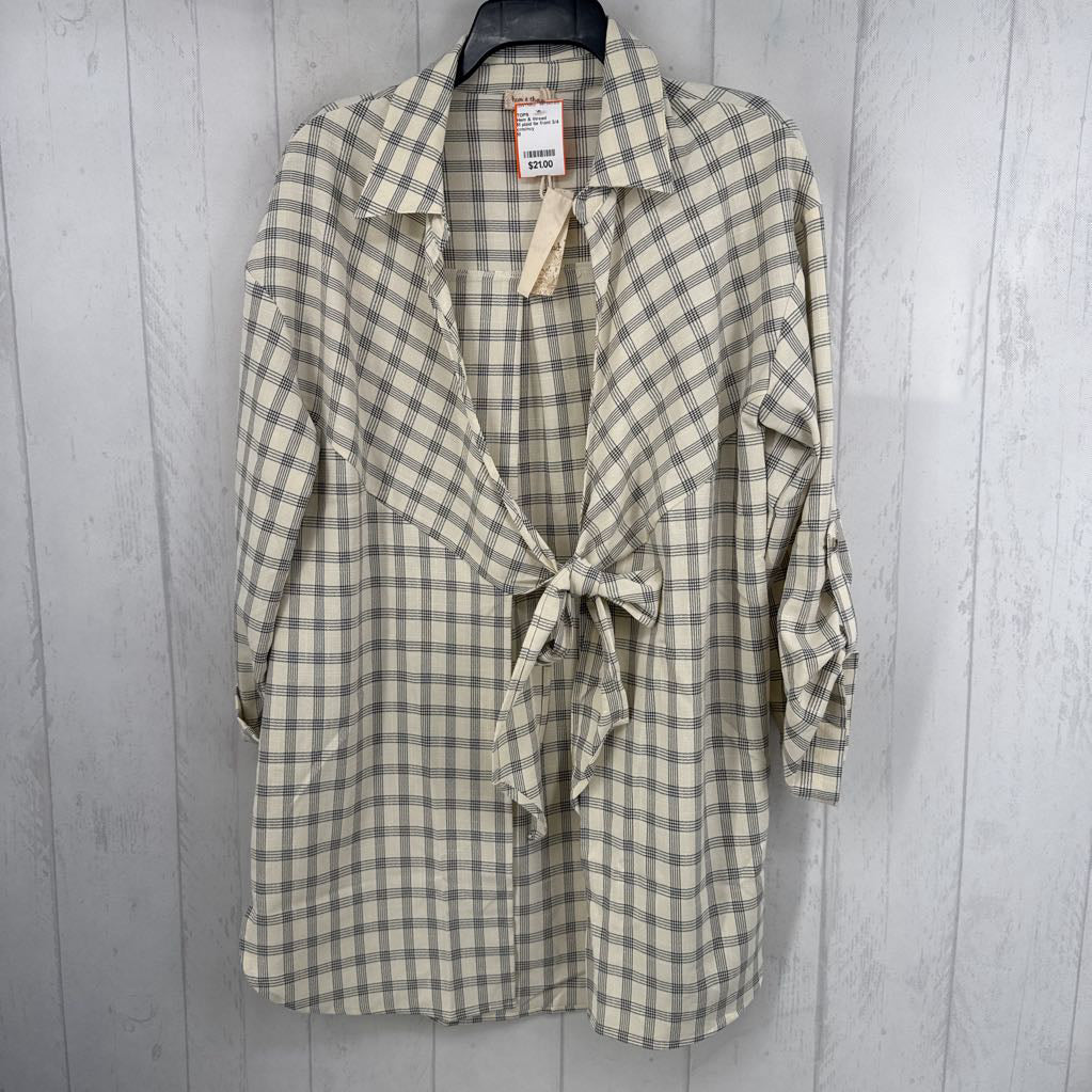 M plaid tie front 3/4 slv top