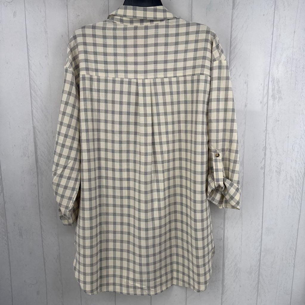 M plaid tie front 3/4 slv top