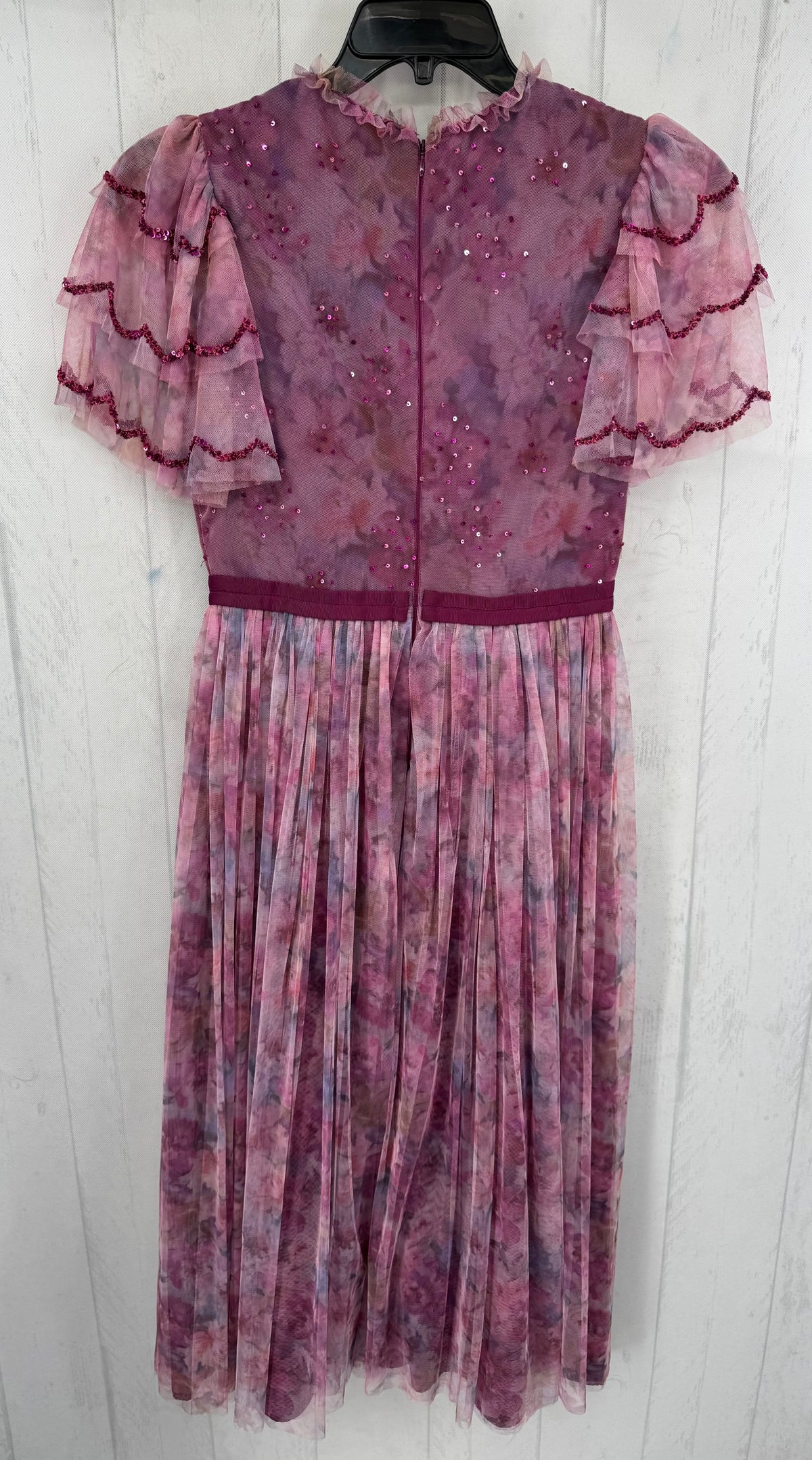 S embelished floral mesh flutter slv dress