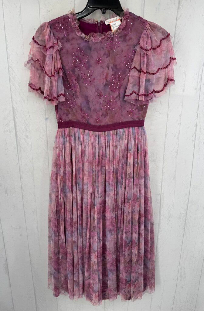 S embelished floral mesh flutter slv dress