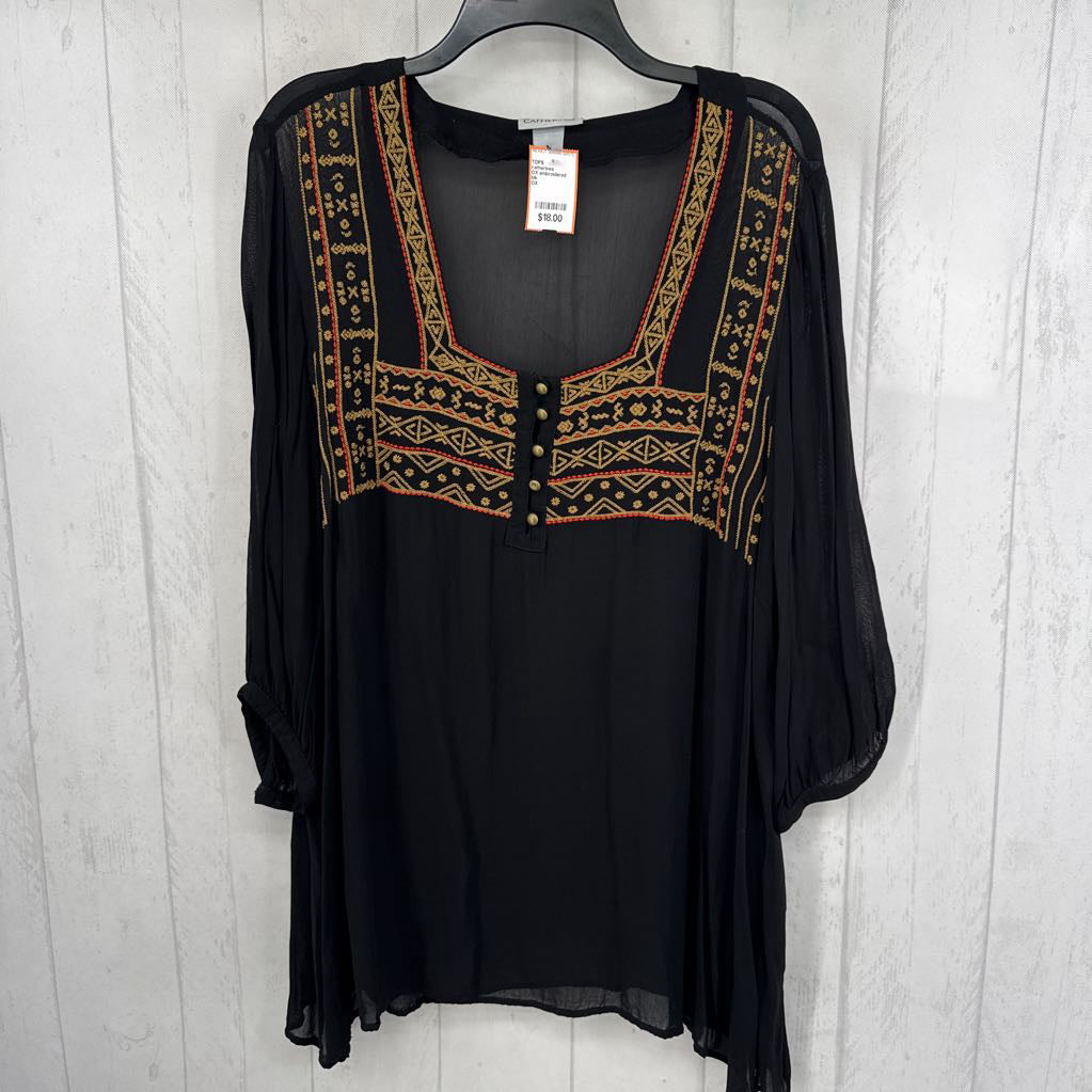 OX embroidered square neck 3/4 slv top