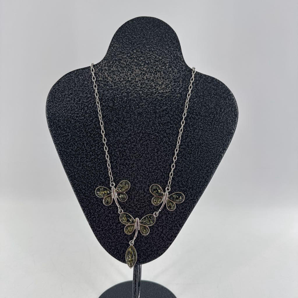 13" silver green stone butterflies neckalce