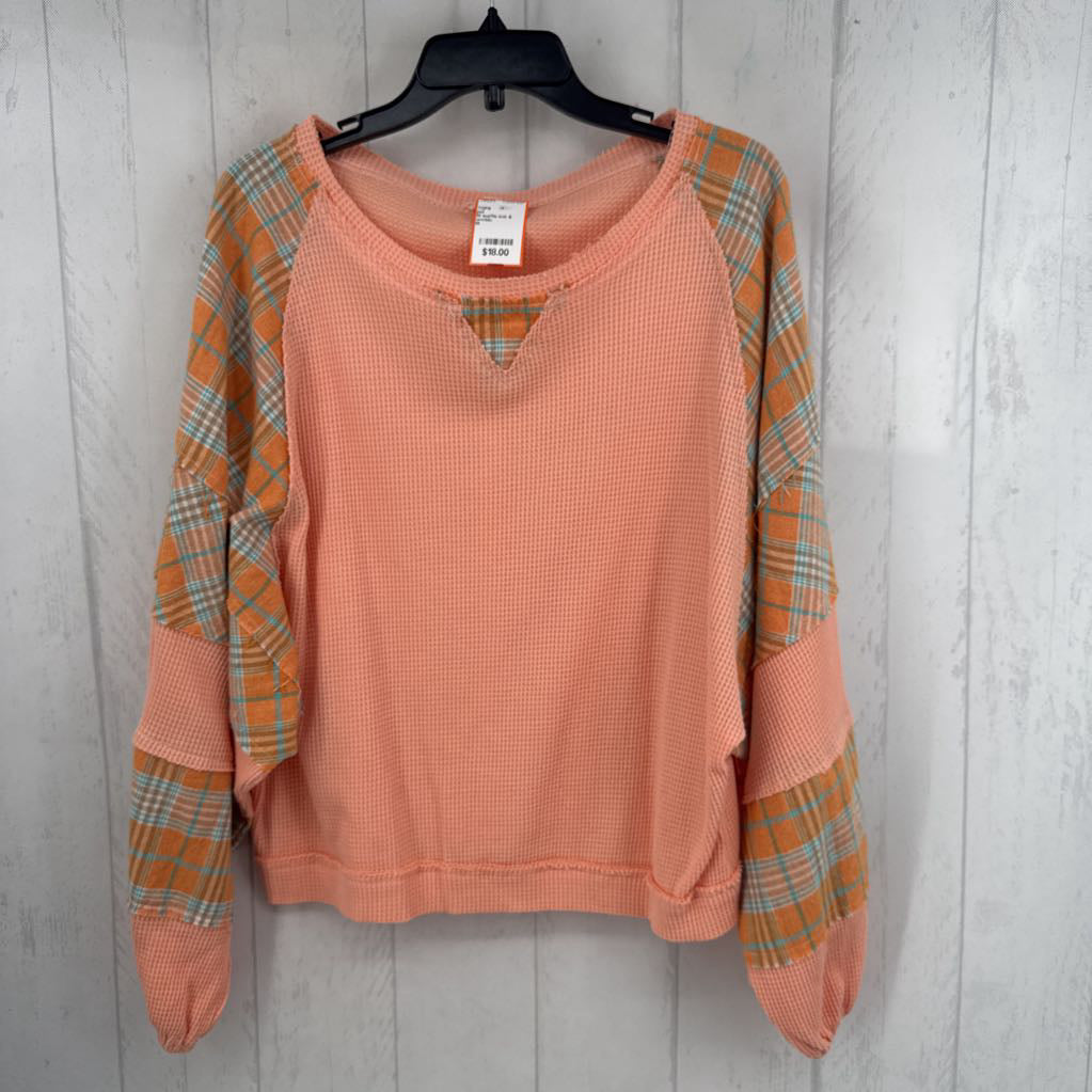 M waffle knit & plaid l/s top