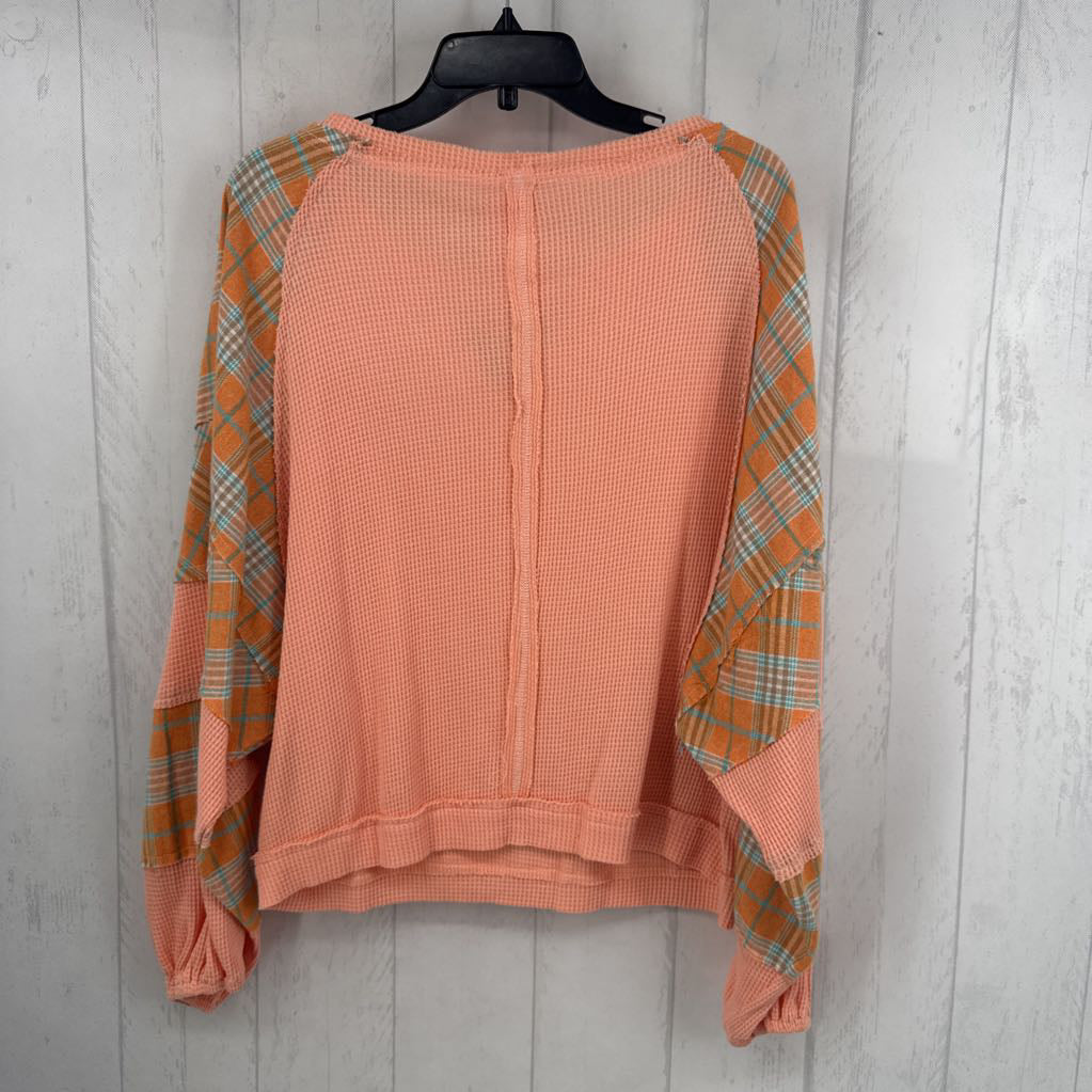 M waffle knit & plaid l/s top
