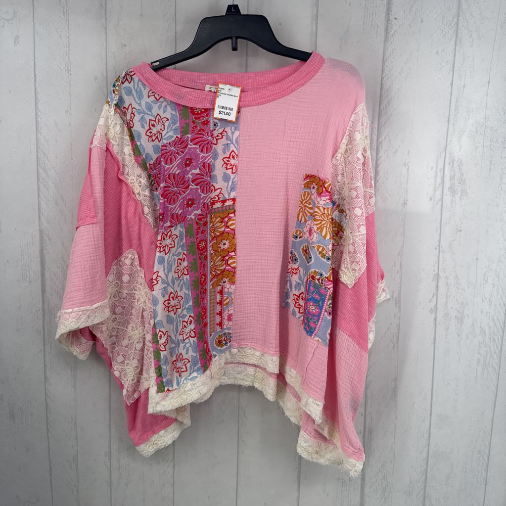 M mixed media lace trim drop shoulder top