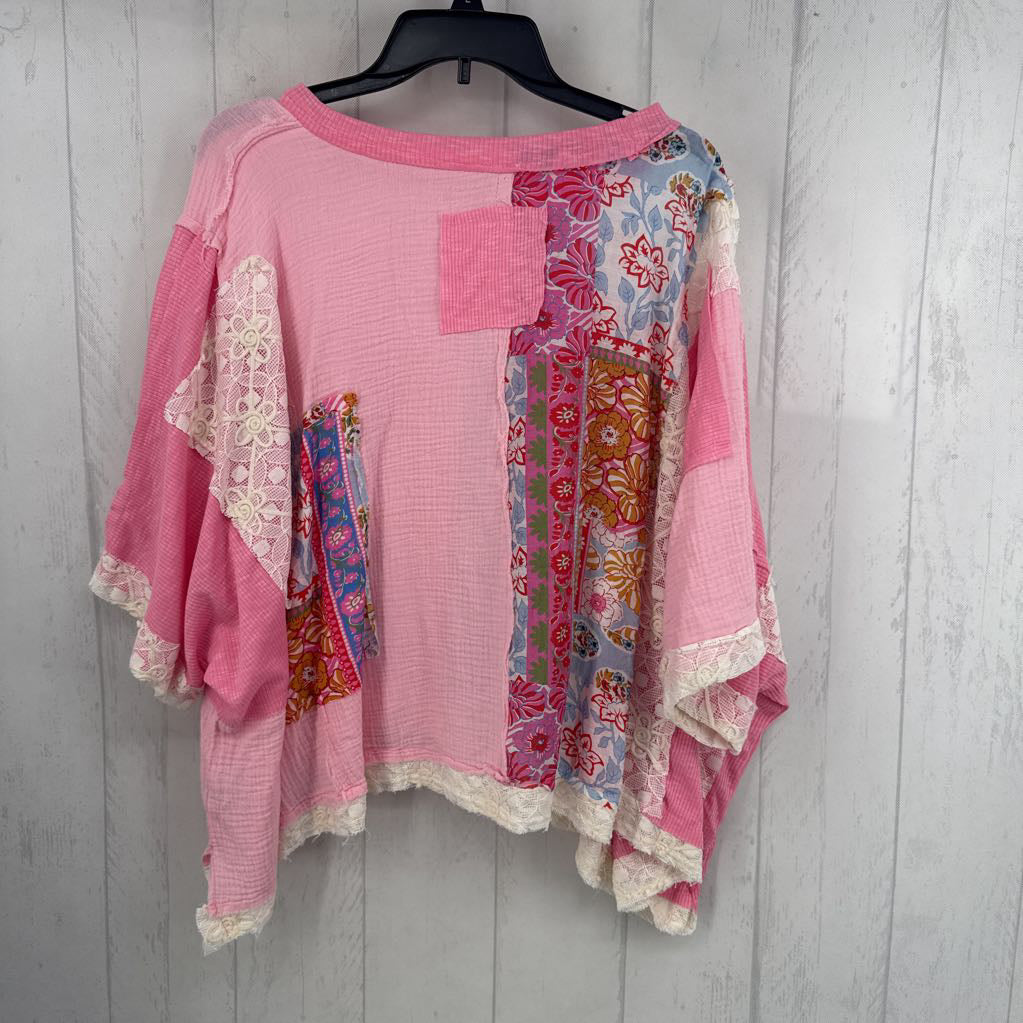 M mixed media lace trim drop shoulder top