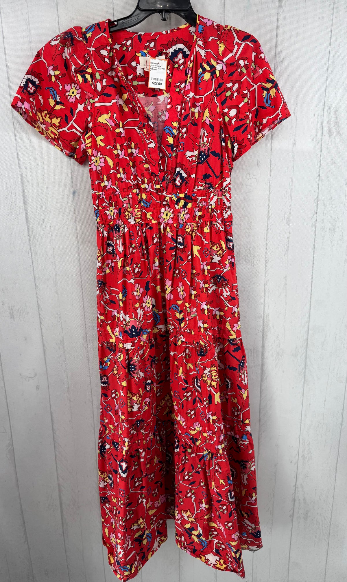 S printed split neck tiered s/s dress