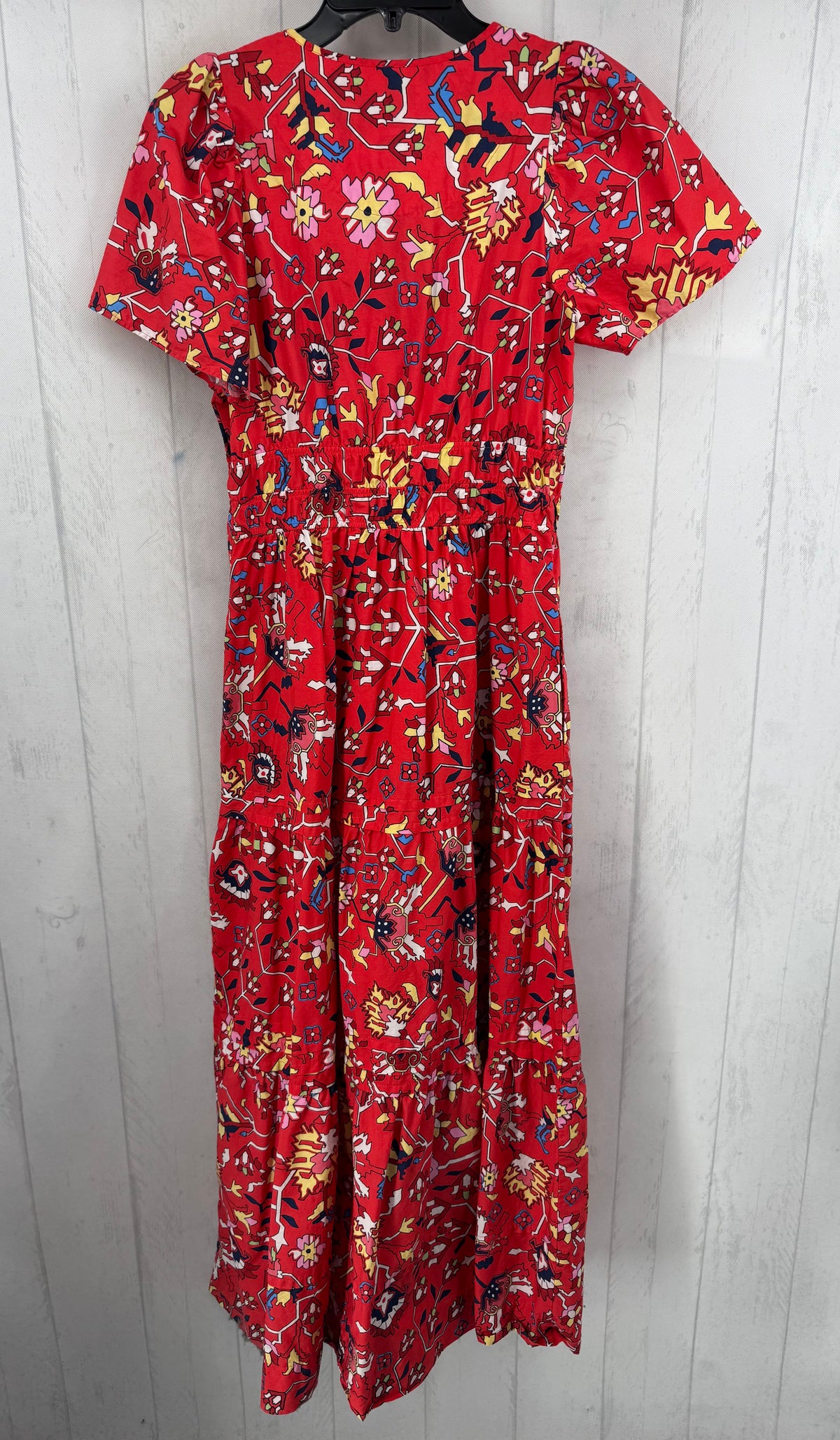 S printed split neck tiered s/s dress
