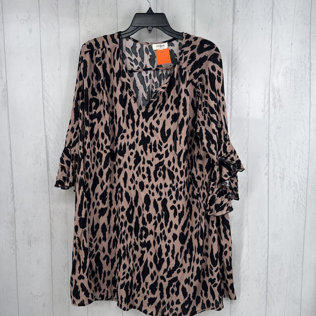 M animal print split neck ruffled slv dress