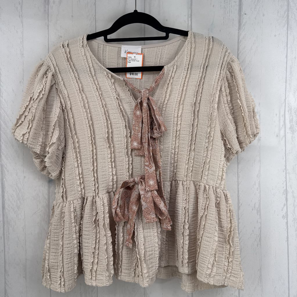 L lace bow front s/s peplum top