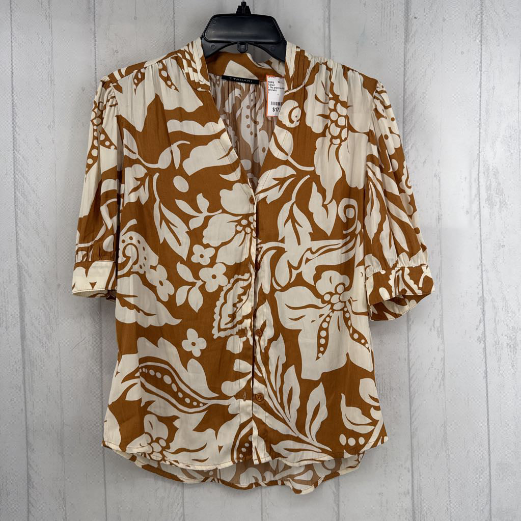 L flo print button down s/s top