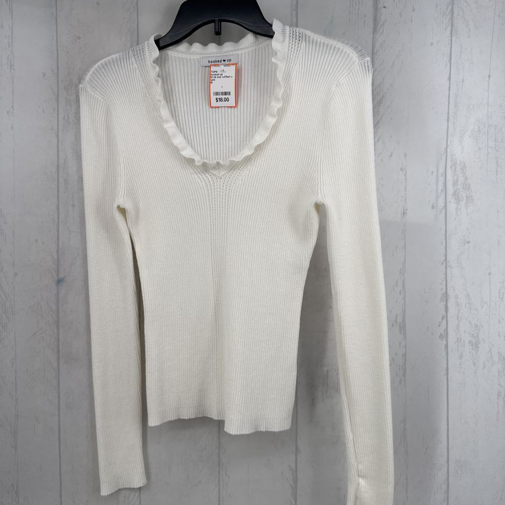 M rib knit ruffled v-neck l/s top