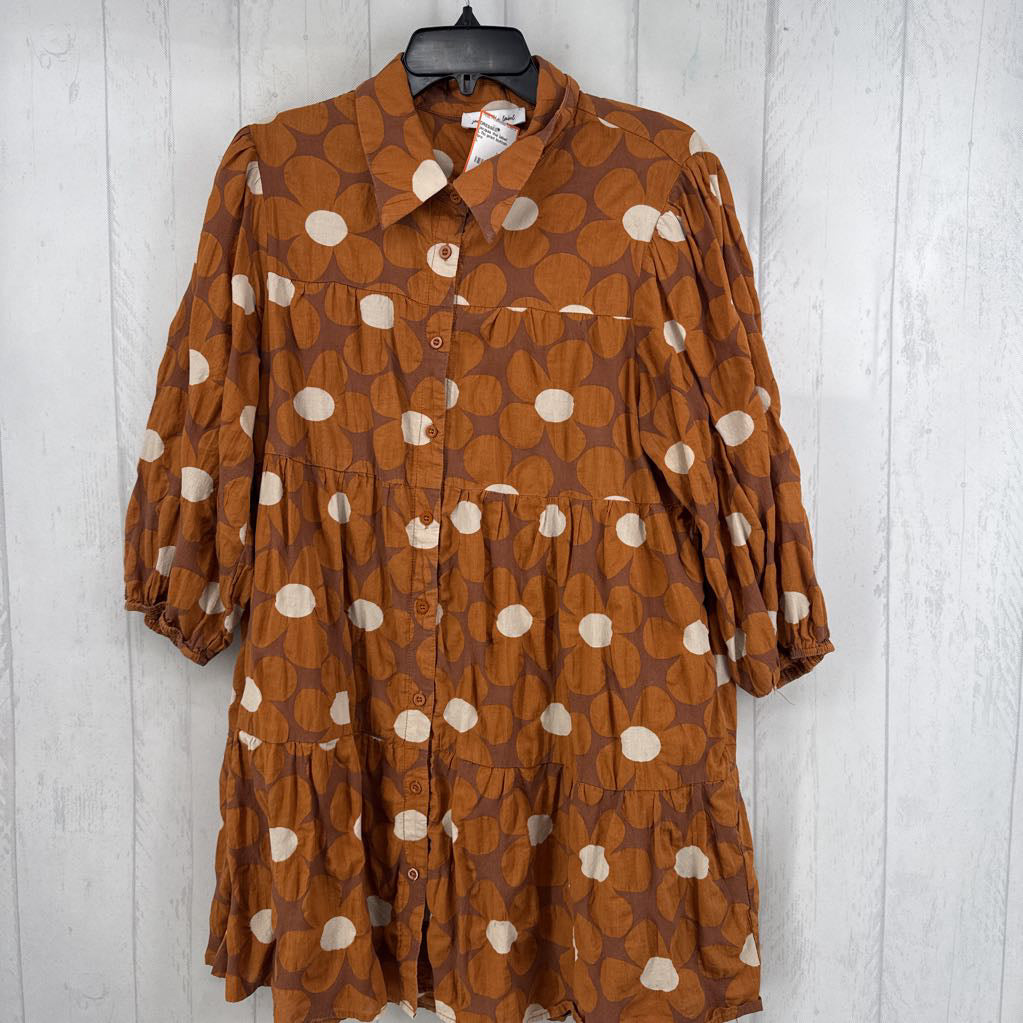 L flo print button down tiered l/s dress