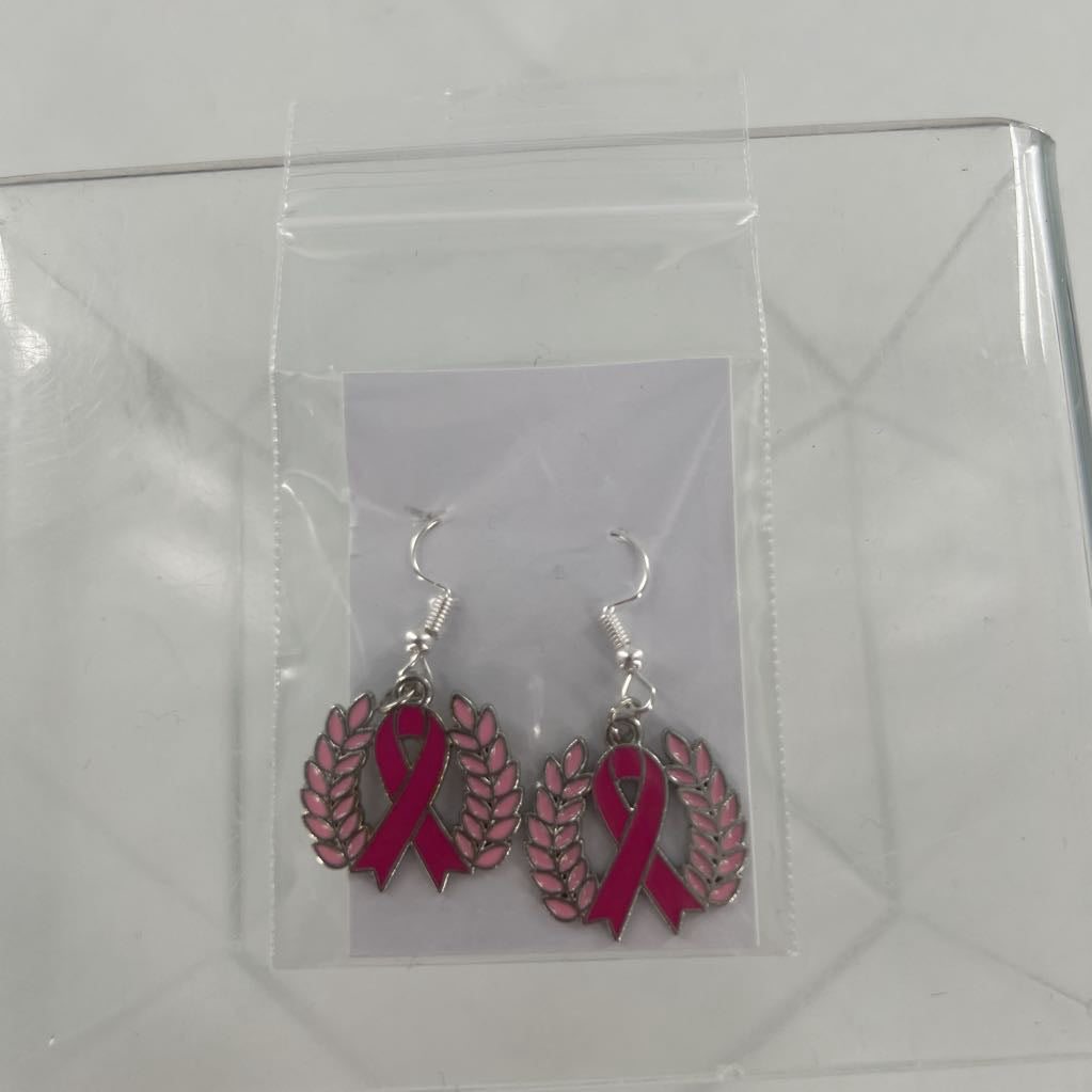 pink ribbon w/ leaves earrings