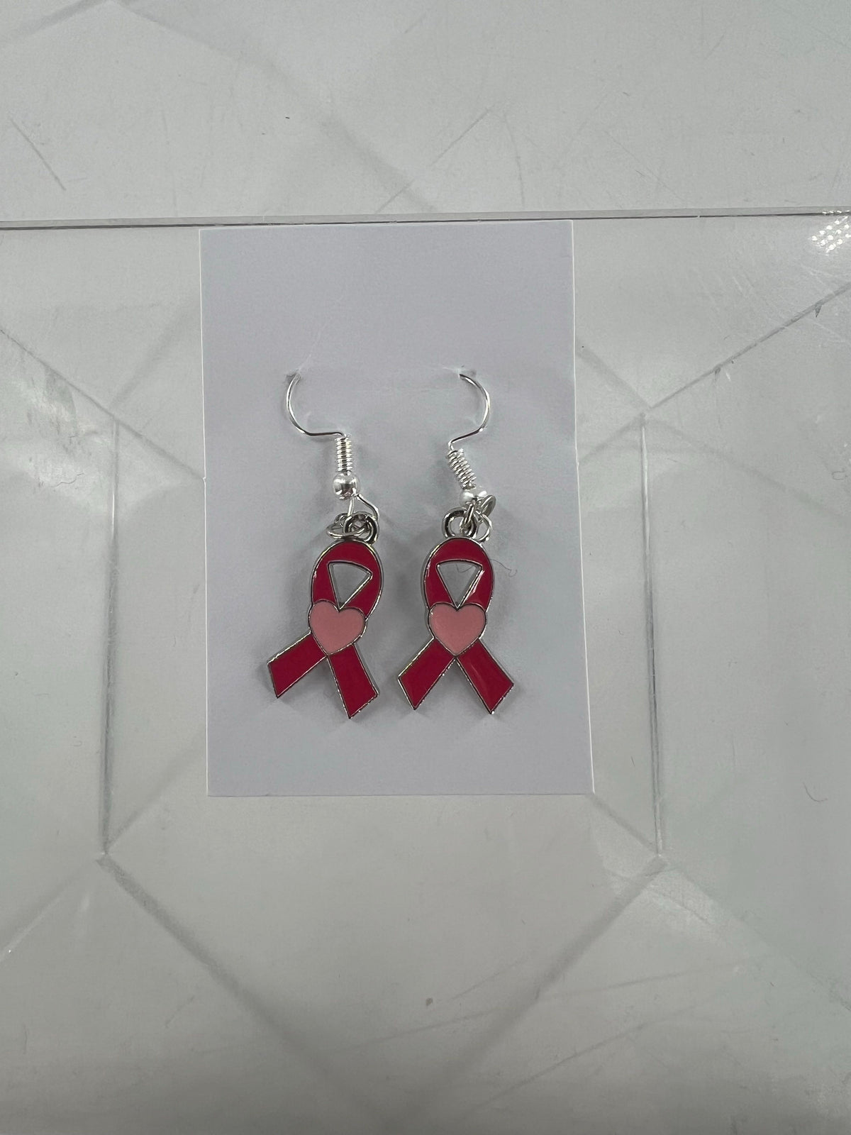 pink ribbon w/ small pink heart earrings