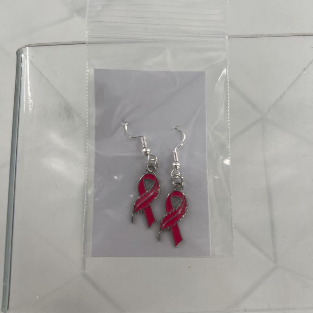 pink ribbon w/ feathers earrings