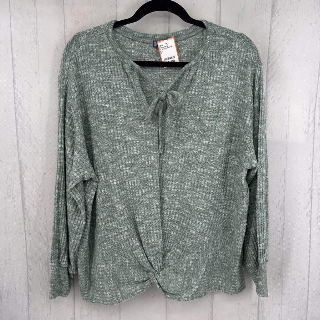 1X waffle knit tie front l/s top