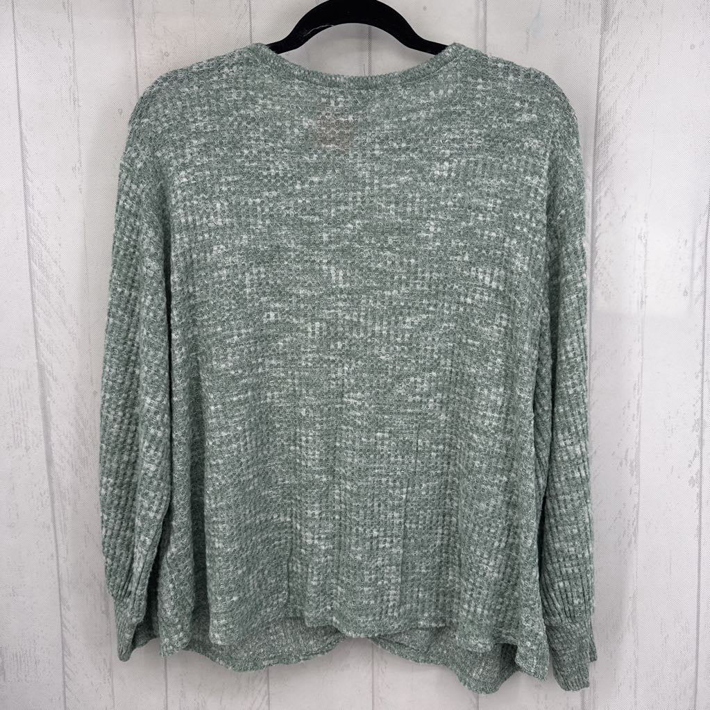 1X waffle knit tie front l/s top