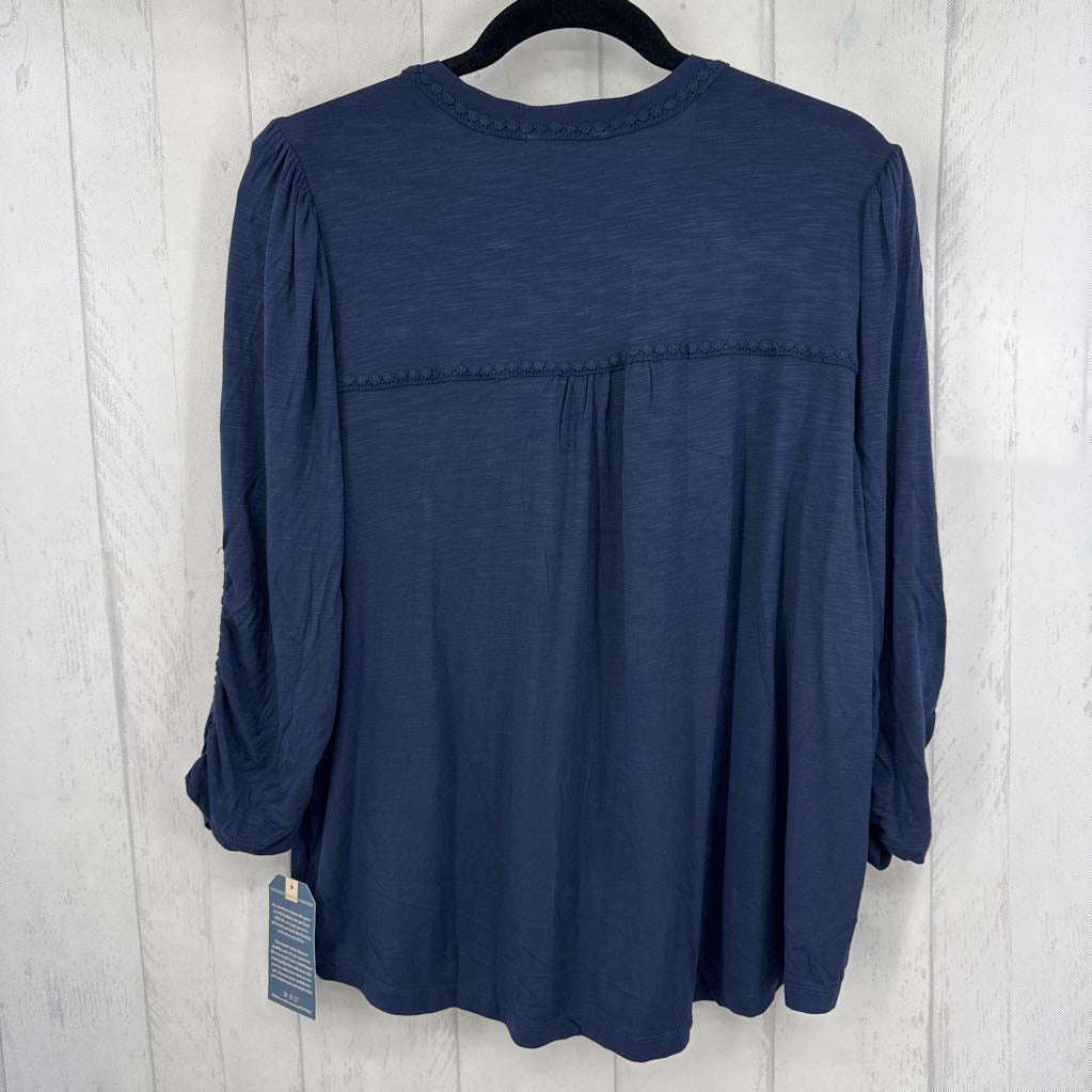 1X embroidered button front 3/4 slv top
