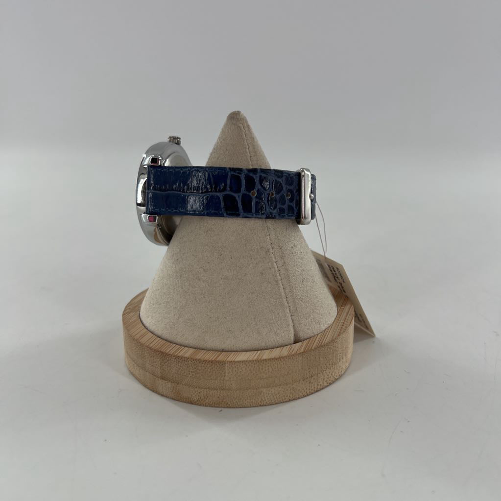 navy blue embossed leather strap watch