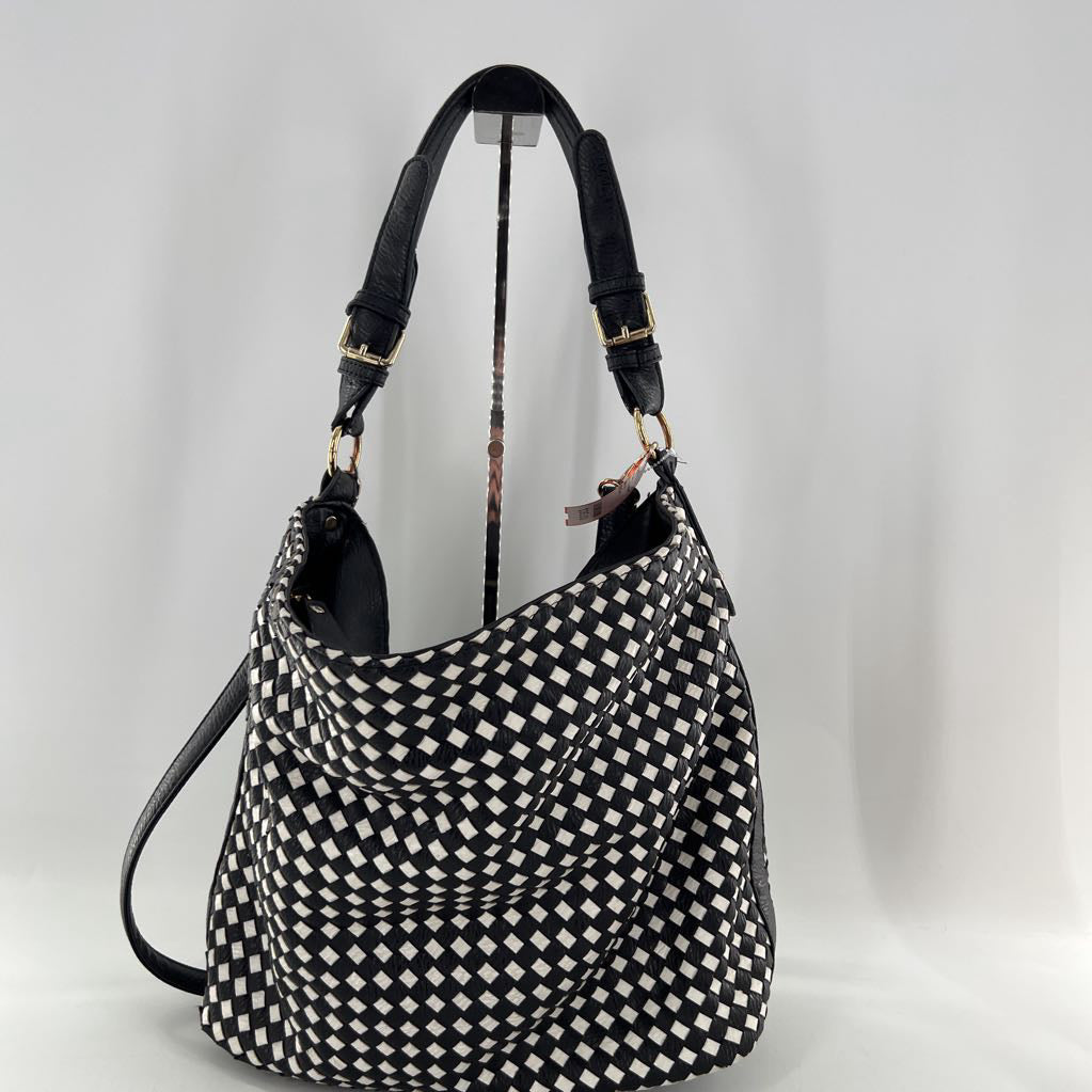 two-tone woven handbag