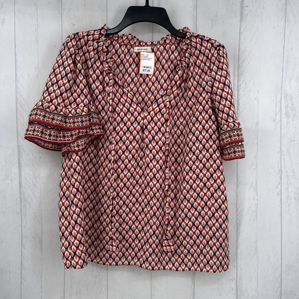 L printed tie front flutter slv top s/s