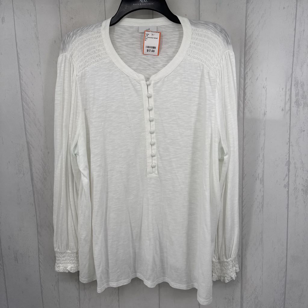 XL smocked detail 1/2 button down l/s top