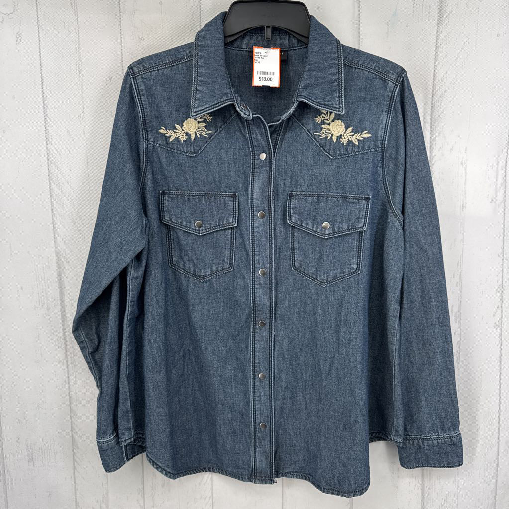 14/16 flo embroidered denim button down l/s top