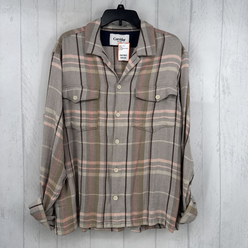 L herringbone plaid button down l/s top