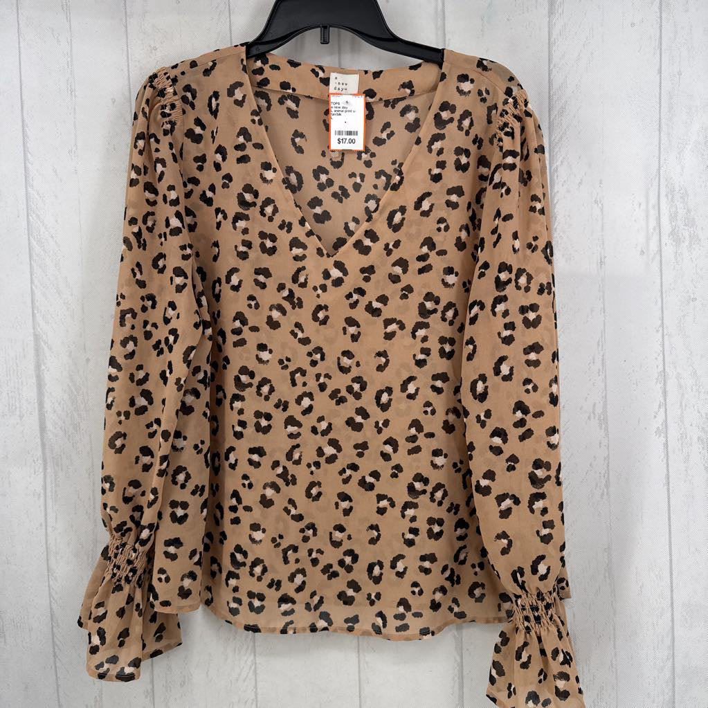 L animal print v-neck l/s top