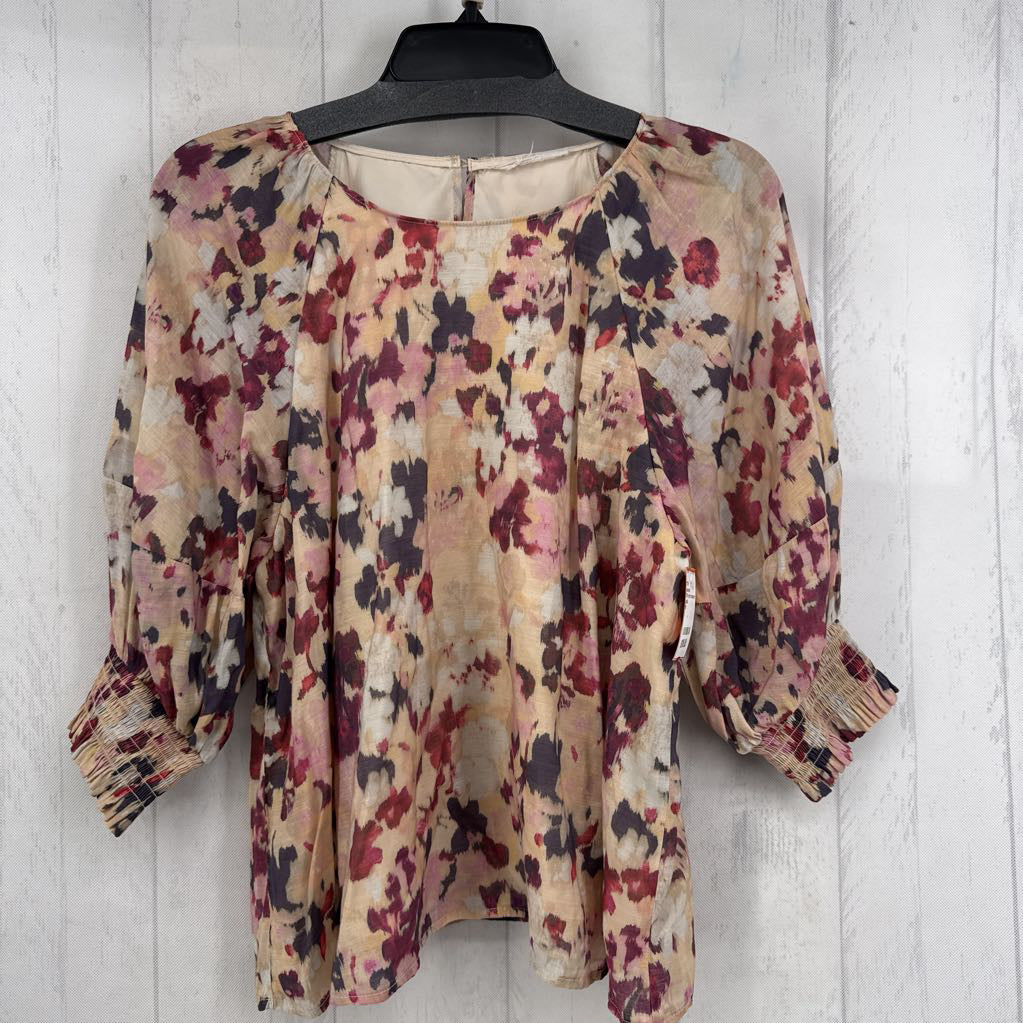 M flo print smocked elbow slv top