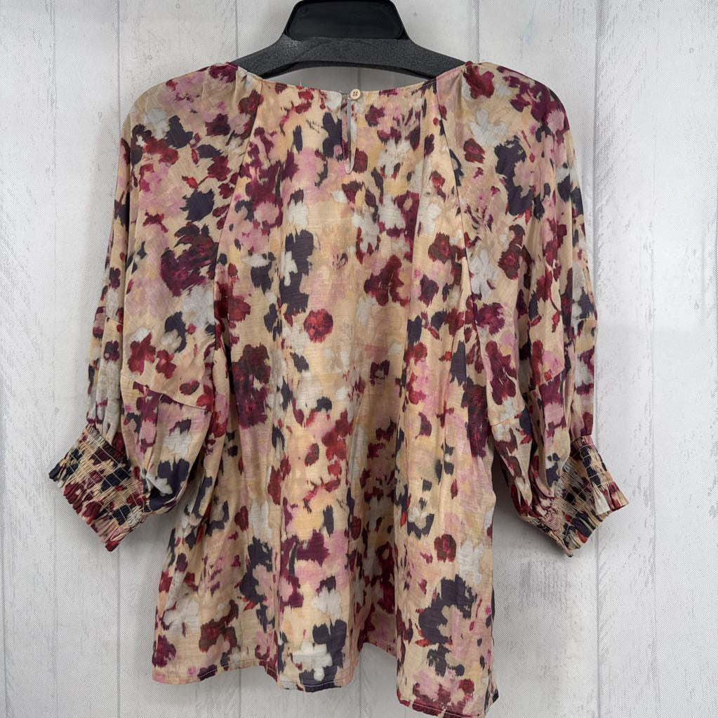 M flo print smocked elbow slv top