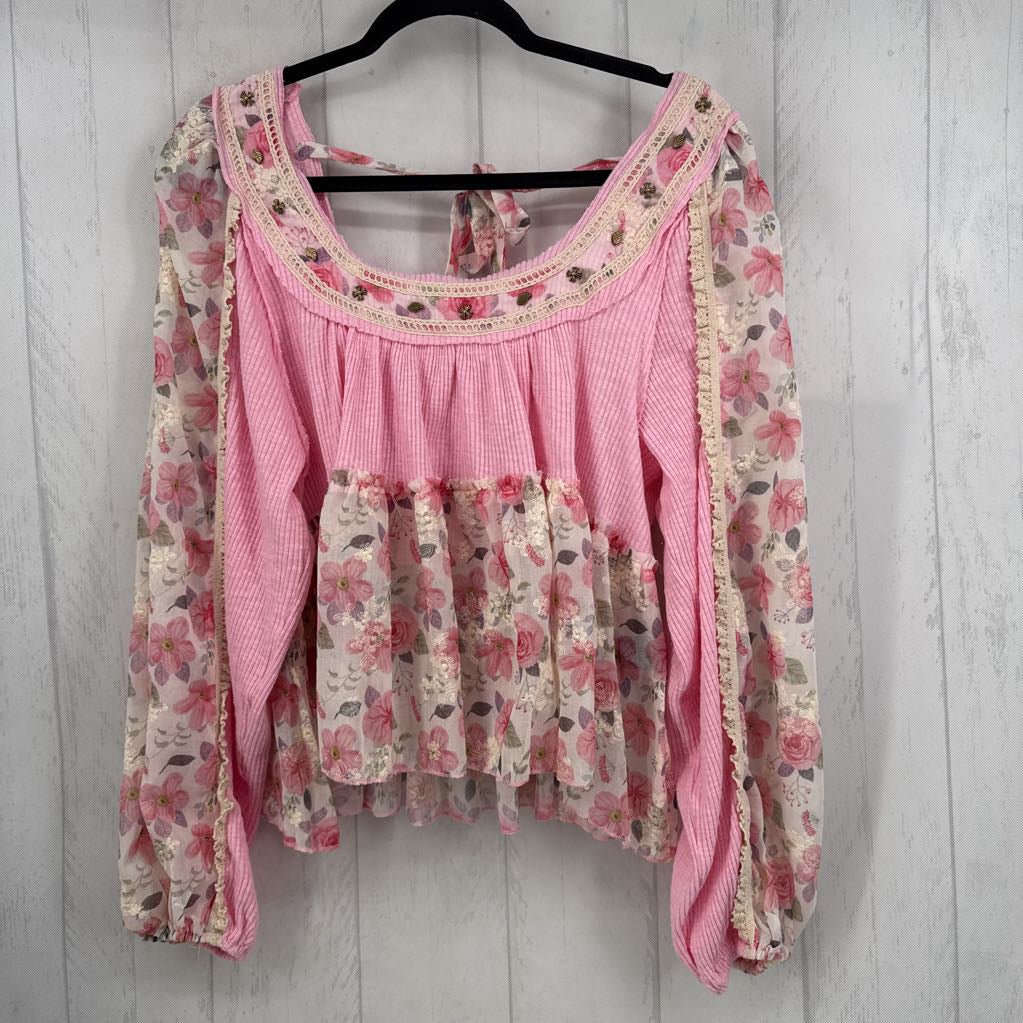 S mixed media bow back peplum l/s top