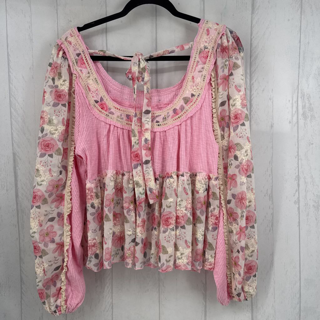 S mixed media bow back peplum l/s top