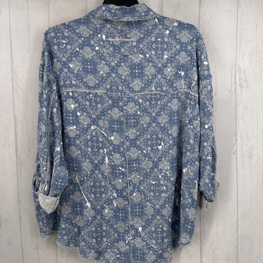 S paisley print paint splatter button down l/s top