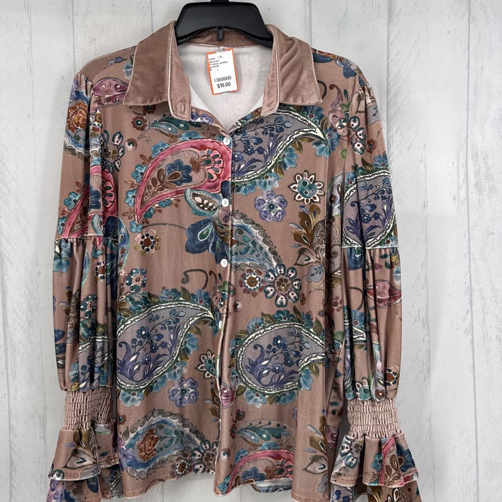 M velour paisley print button down l/s top