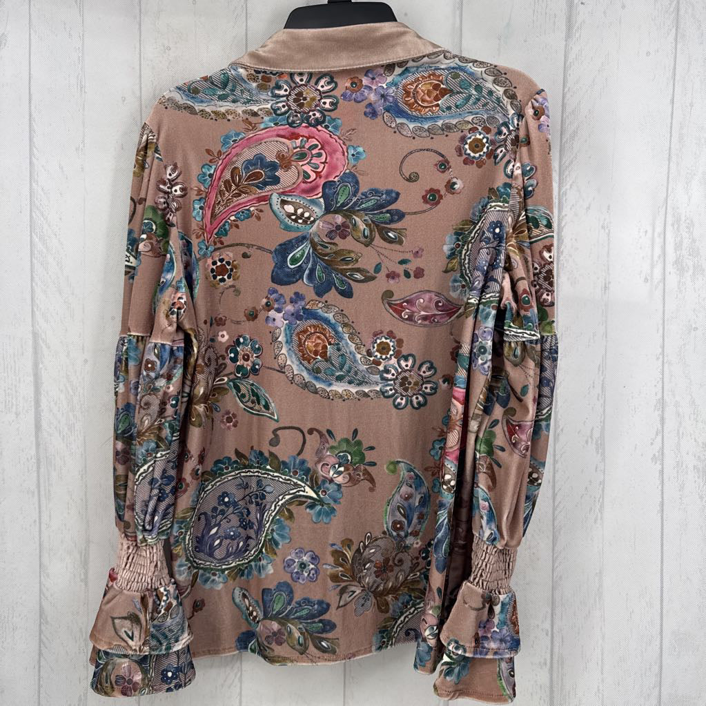 M velour paisley print button down l/s top