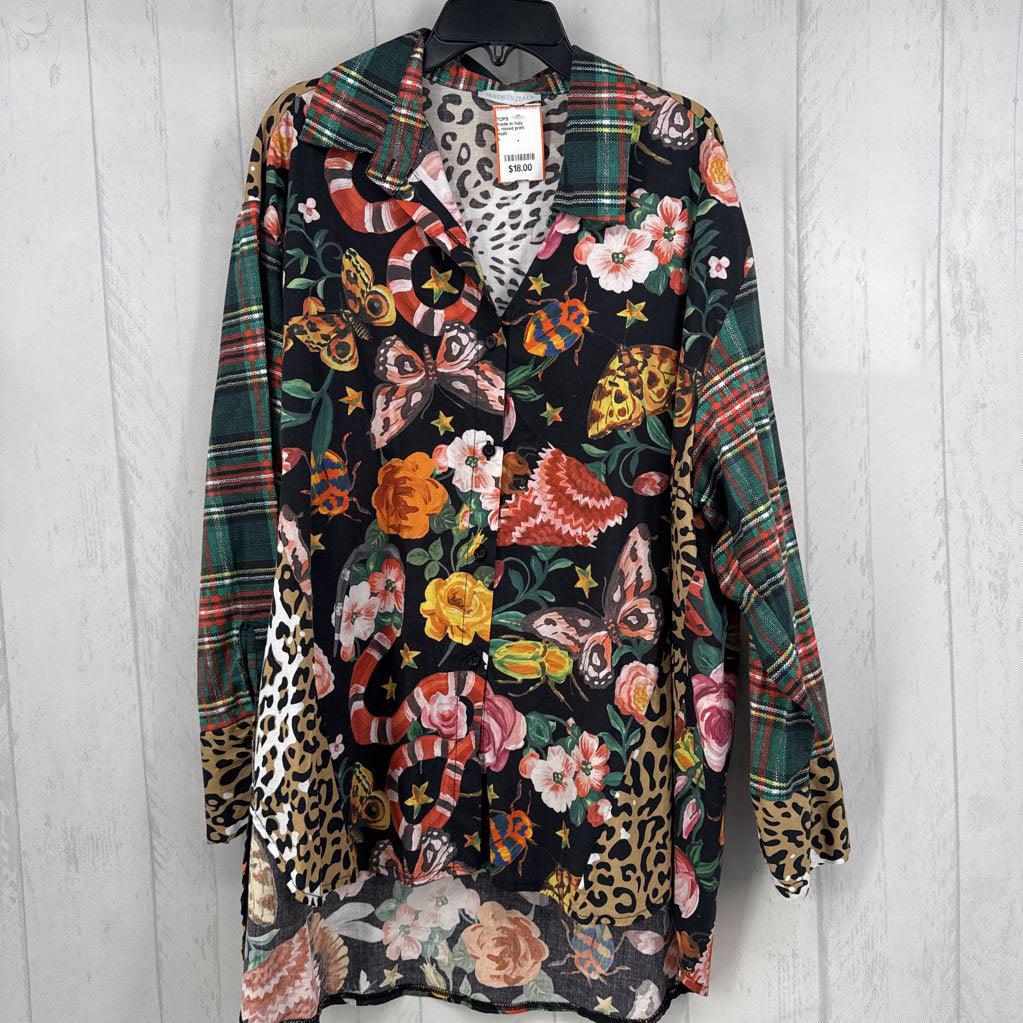 L mixed print button down l/s top