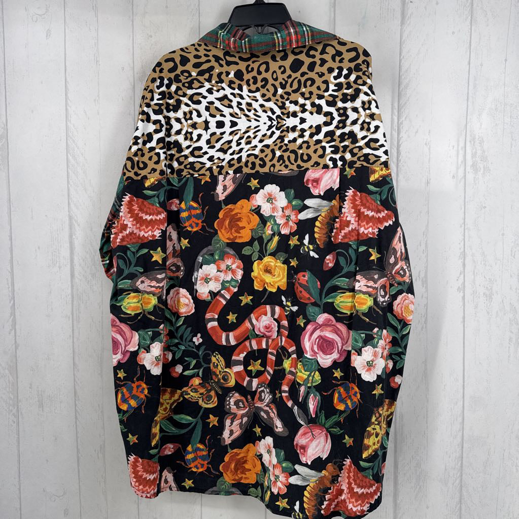 L mixed print button down l/s top