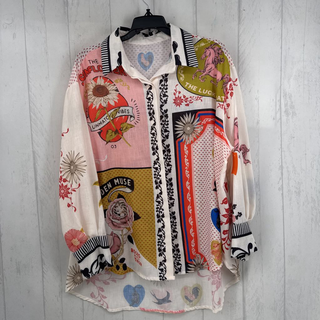 L mixed print (wild at heart) button down l/s top